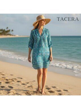 Tacera Blue & Green Paisley Print 3/4 Sleeve Tunic Dress With Roll Tabs Size M